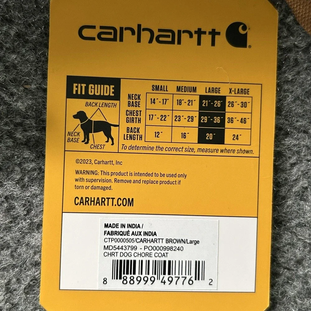 Carhartt Dog Chore Coat Large L Brown Canvas Warm Cotton Work Jacket Pet